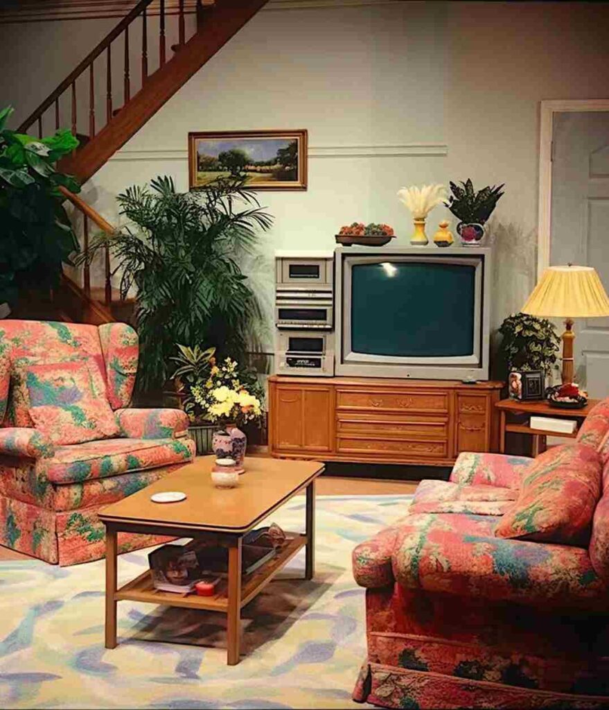 A living room with tv on wooden deck and wooden table with sofa