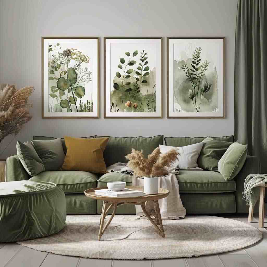 A grey living room with sage sofa and wooden floor and rug on it