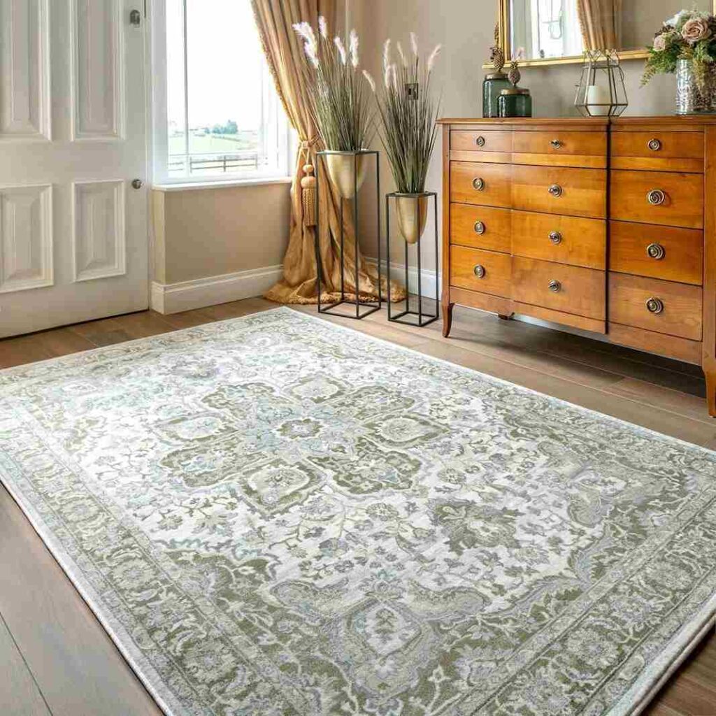 A sage green rug on the floor