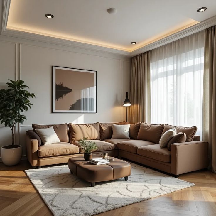 A beige living room with wooden floor and rug and lights on the corner 