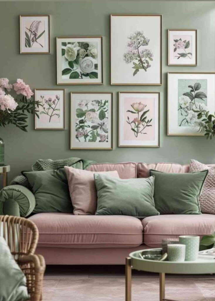 Sage green living room with pink sofa and frames on the wall