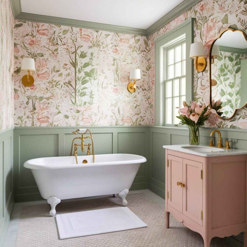 A pink and green bathroom with white bathtub and gold fixtures