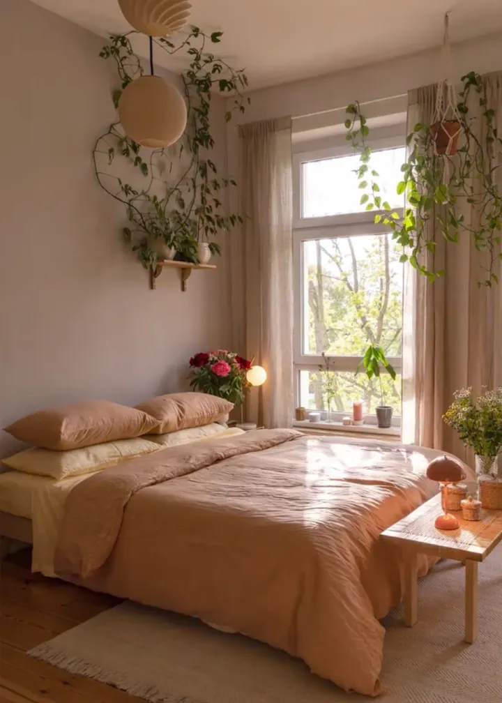 A pink bedroom with plants in the room and white windows