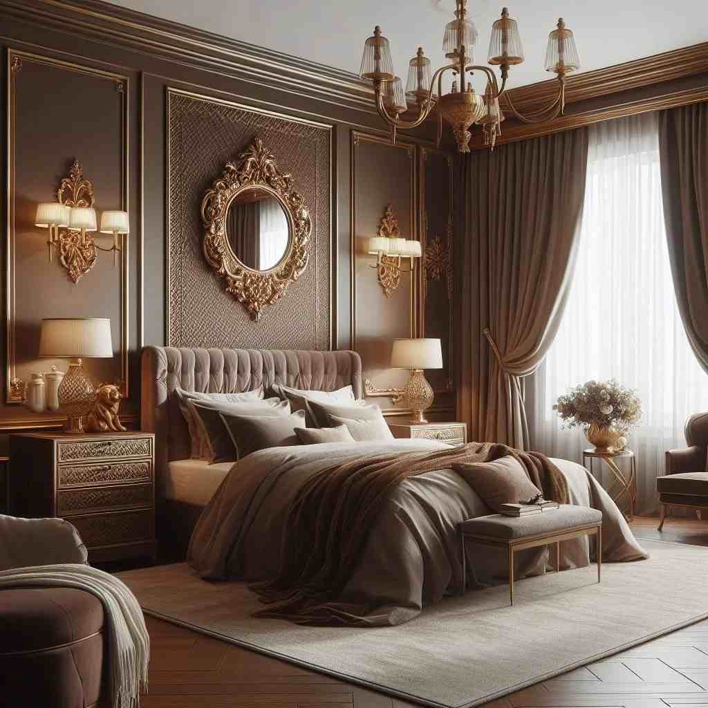 A brown bedroom with metallic accents with curtains 