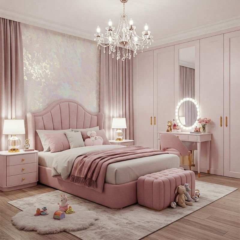 A pink bedroom with bed and pillows and pink dresser and mirror on the wall