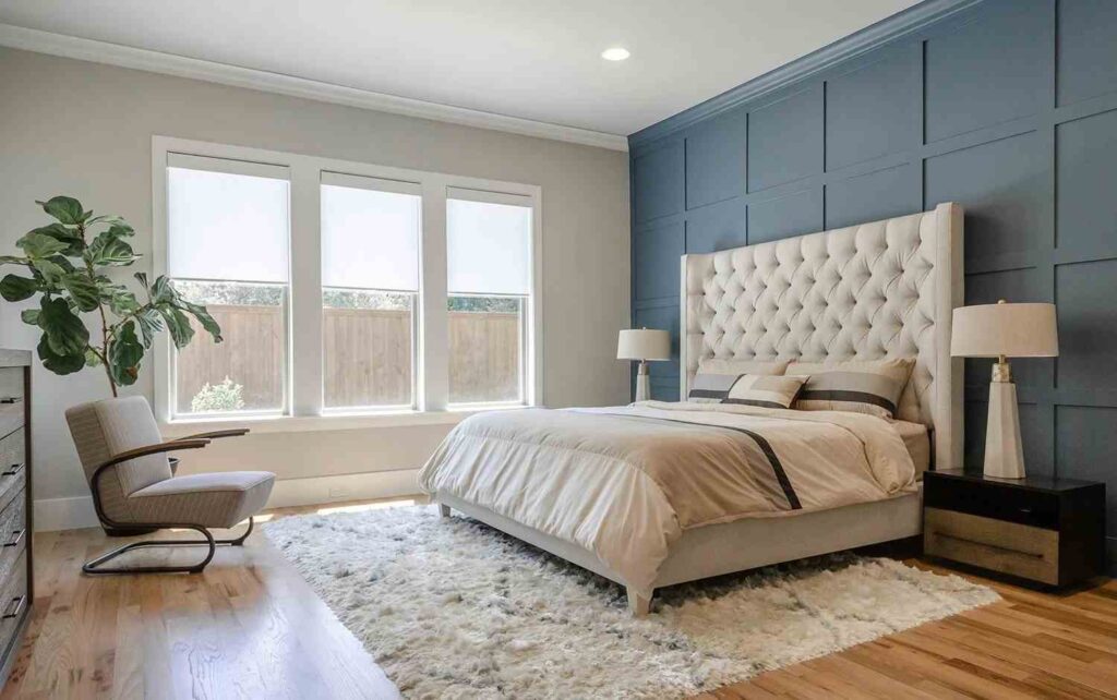 A bedroom with white bedding with accent wall and wooden floor and rug on it