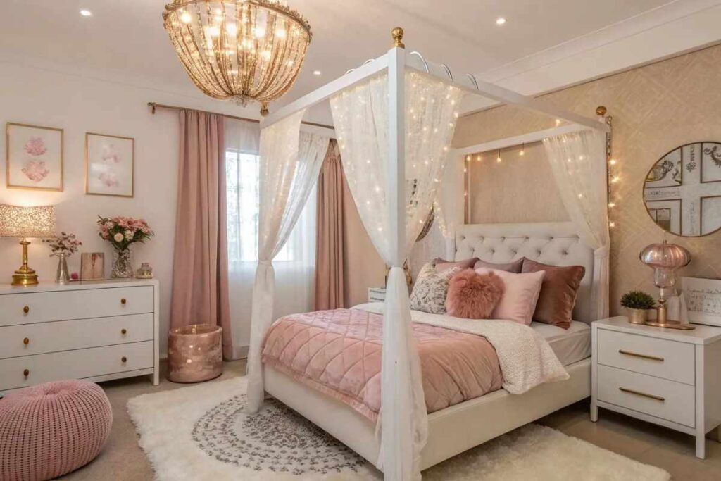 A pink bedroom with gold accents and side table on the bed