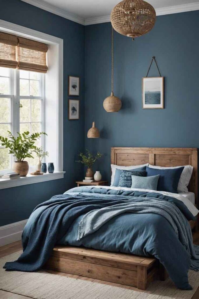 A blue bedroom with boho style and windows and hang frame on the wall