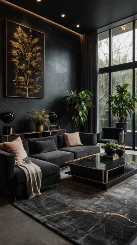 A living room with black rug on the floor