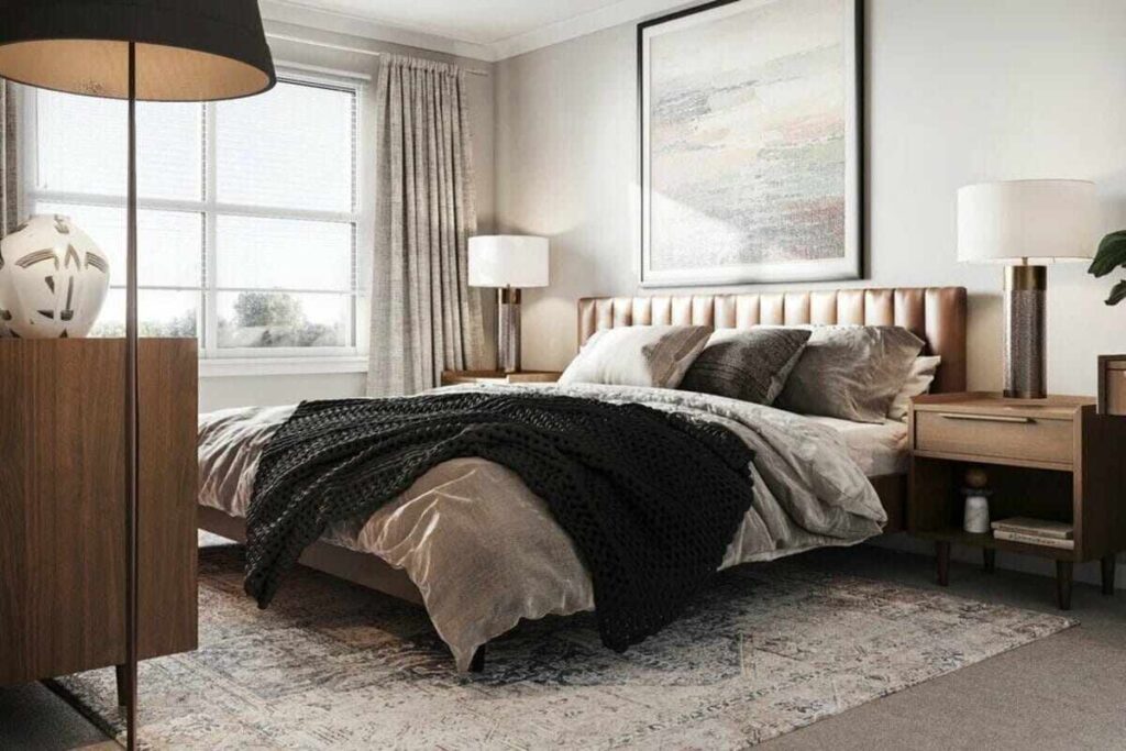 Beige bed frame and white wall with wooden furniture
