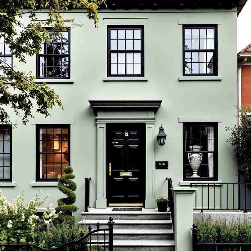 A sage green house with black lanterns on the wall and black door 