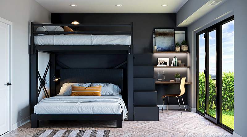 A black loft bed in room with stairs and study deck