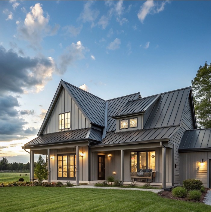 Black metal roof on sage green home and black grid windows