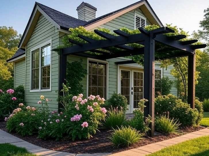 Sage green home with black pergola with greenery around the home 