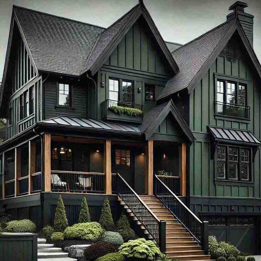 A green house with black railing with windows 