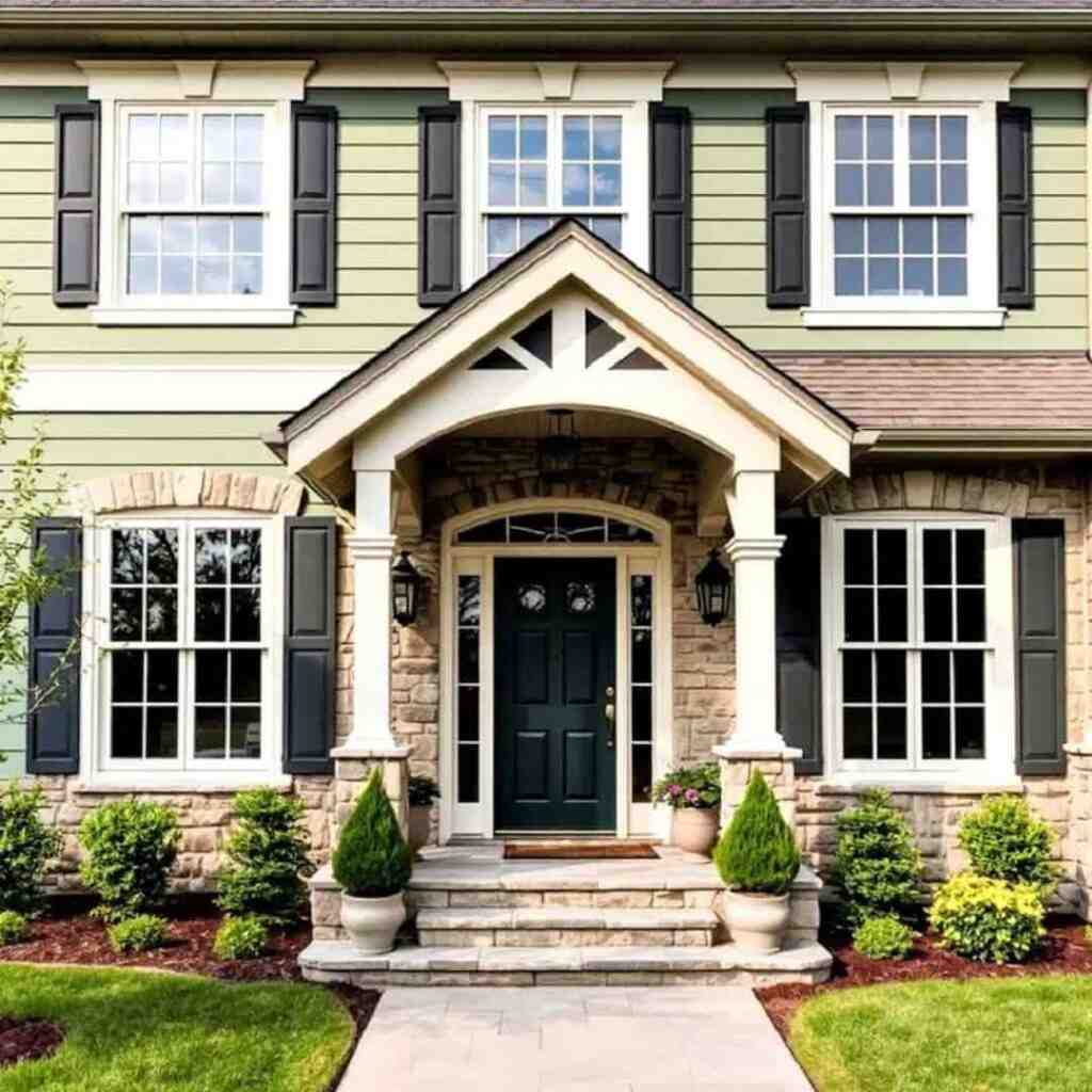 Black trim with white windows and sage green home