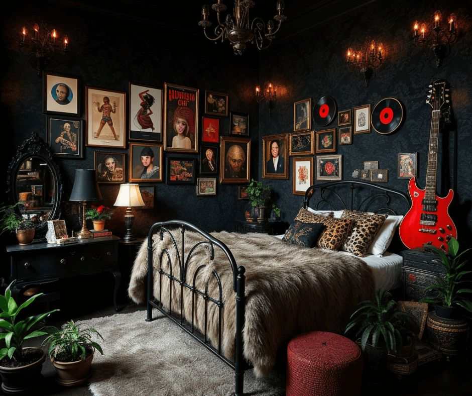Black metal bed frame and wall with photo frames on it