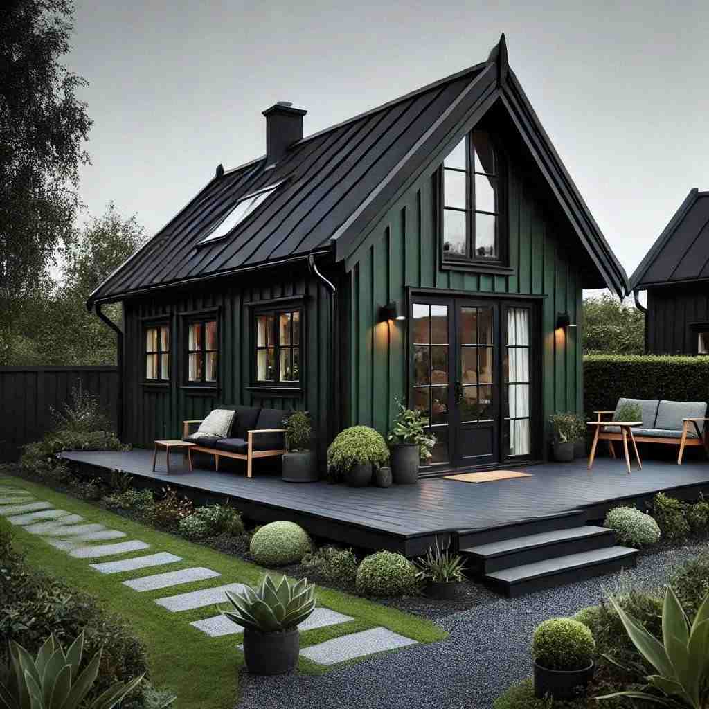 Black wood deck with dark green house and greenery around the home