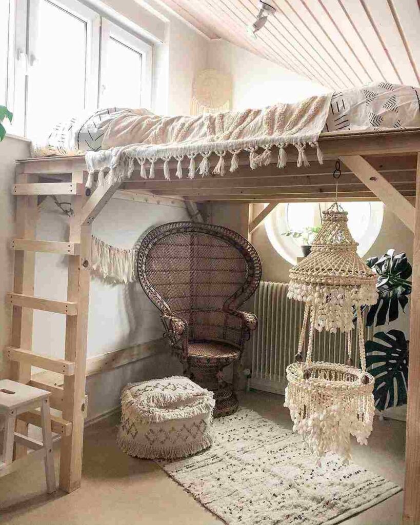 A boho style bed and wooden stair and floor