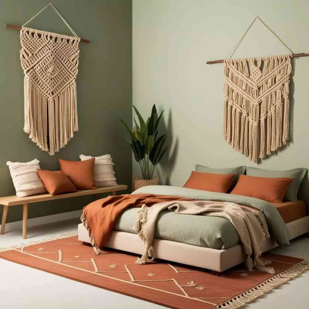 A green bedroom with orange pillow and wooden table with orange rug