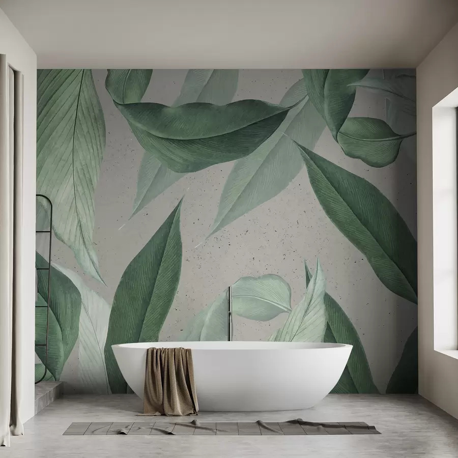 A bathroom with botanical artwork accent wall  and bathtub 