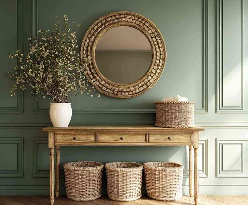 A mirror on sage green wall and wooden deck
