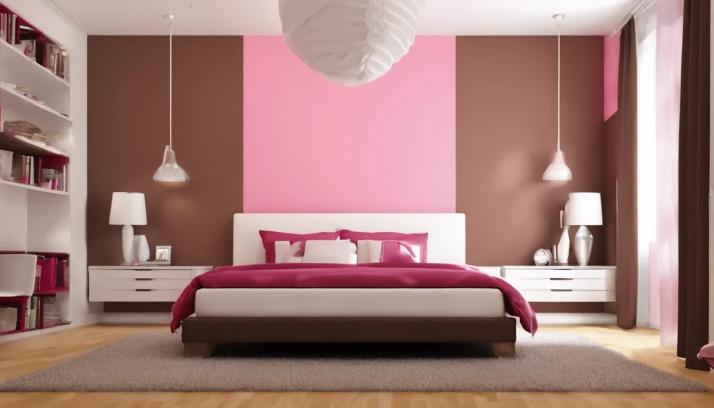 A pink and brown bedroom with lamp on the table