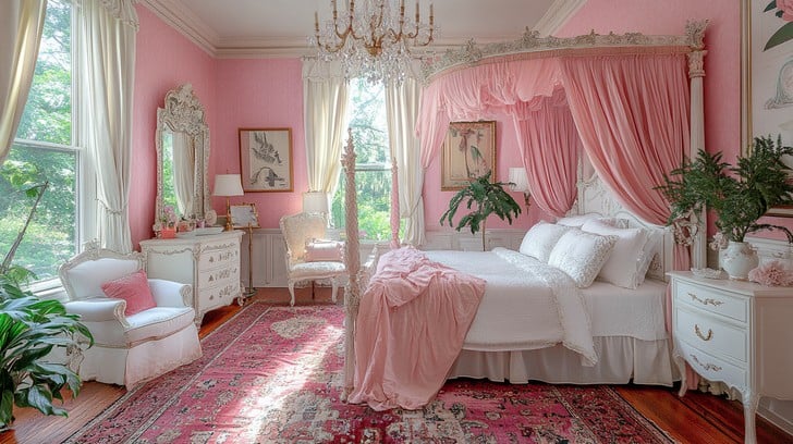 A pink bedroom with canopy bed with pink sheer curtains and white side table and dresser