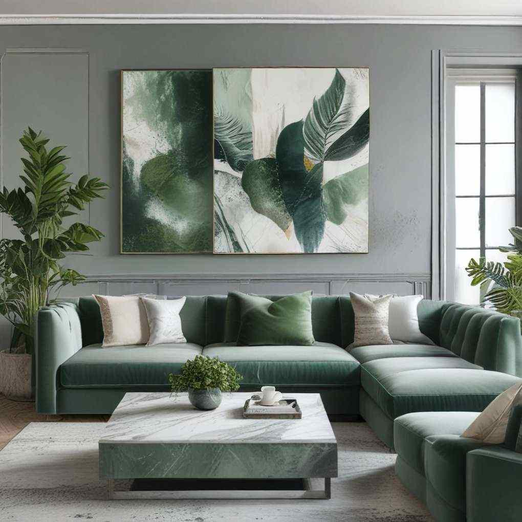 A grey living room with sage green sofa and cushion on it and rug on wooden floor