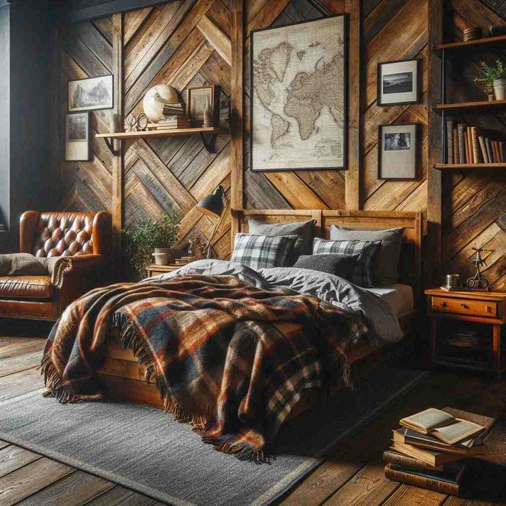 Wooden wall backdrop with check pattern duvet on bed