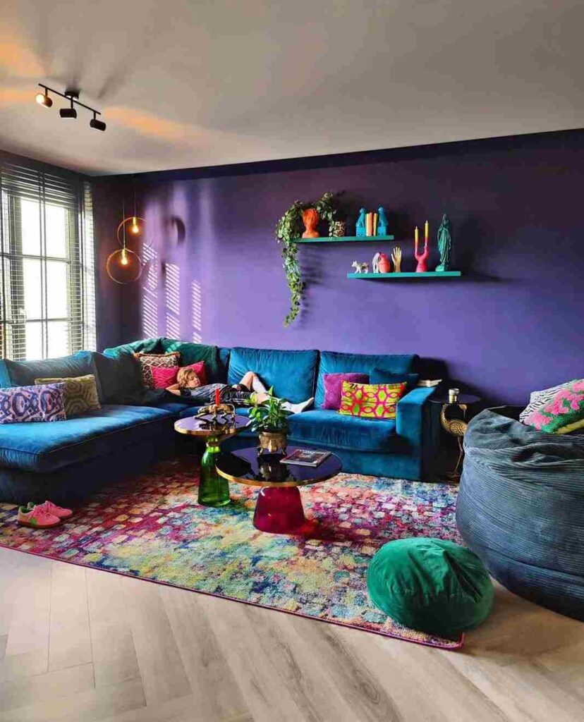 A living room with blue sofa and cushion and carpet and shelves