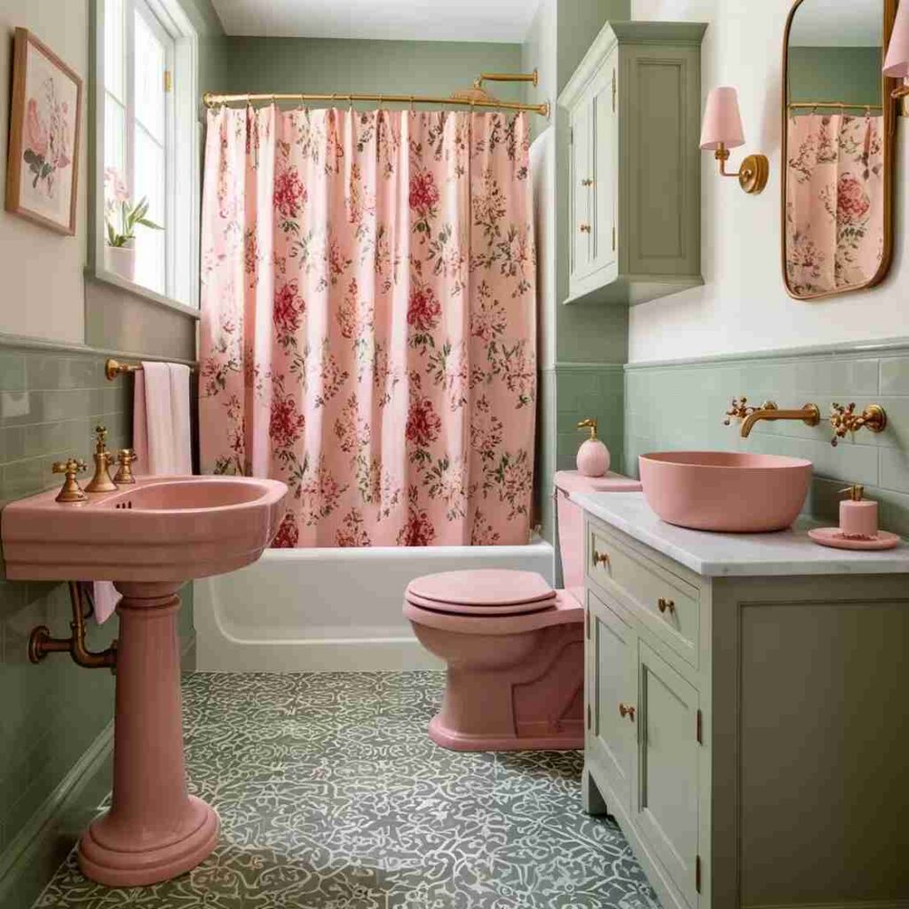 A green and pink bathroom with gold fixtures