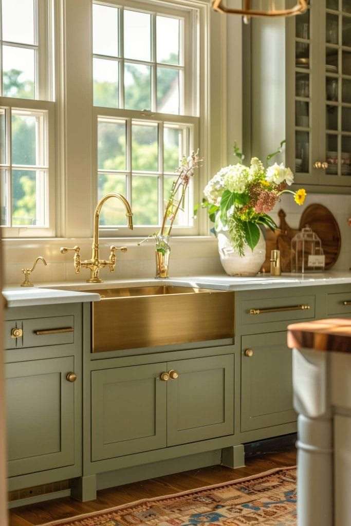 A sage green with brass sink and wooden floor