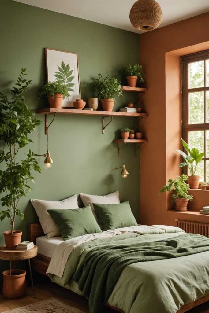 A olive green with terracotta accents and wooden floor
