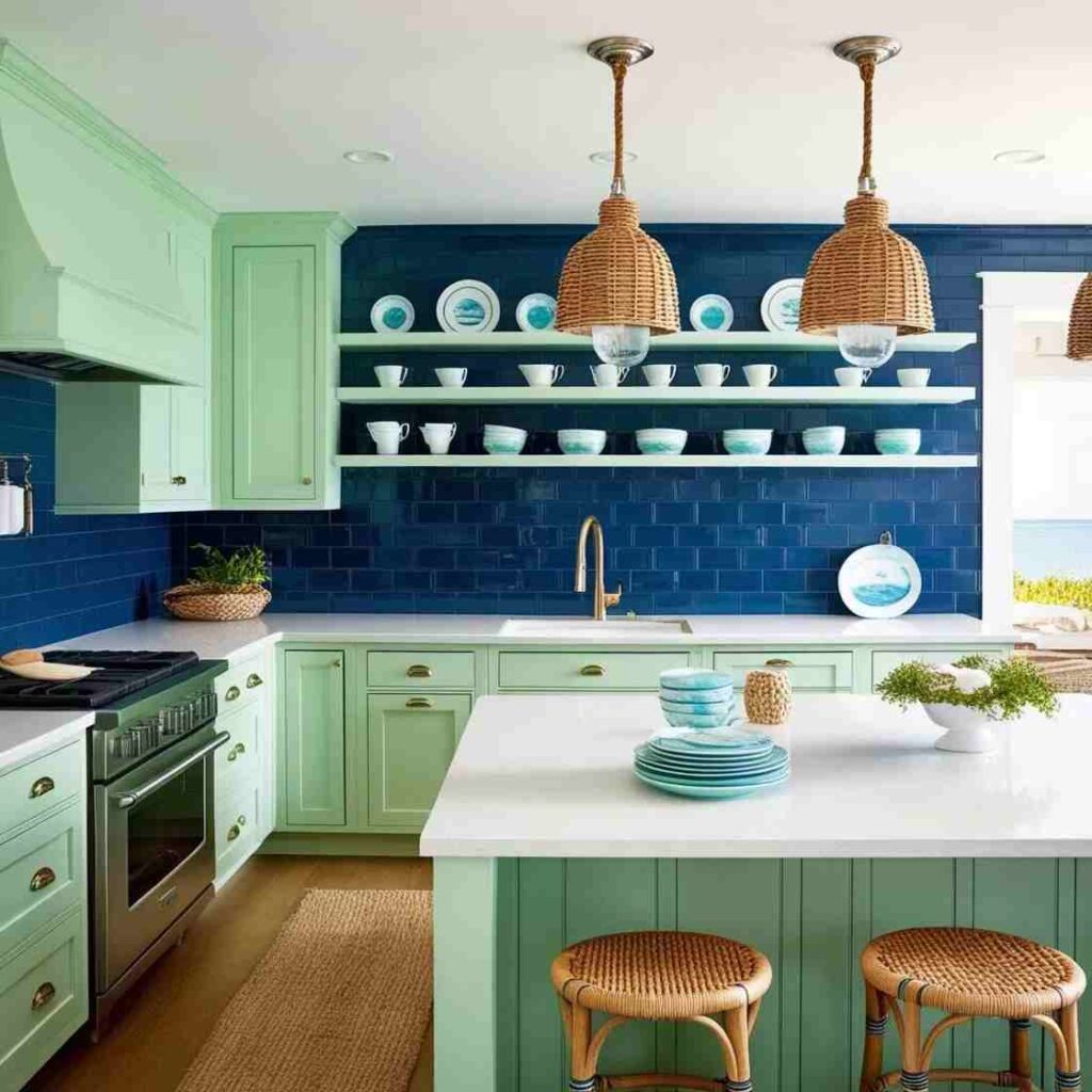 A sage green and blue kitchen with wooden chairs and counter