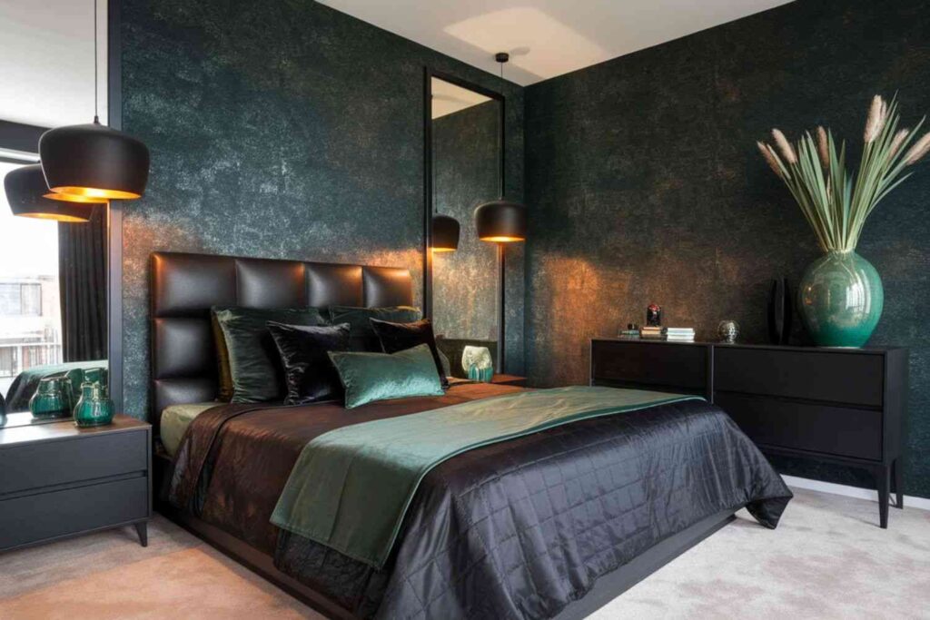 A black and green contrast bedroom with green vase on the table