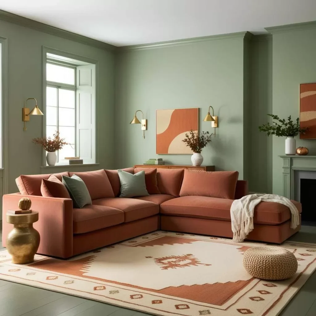 A living room with terracotta and gold fixtures