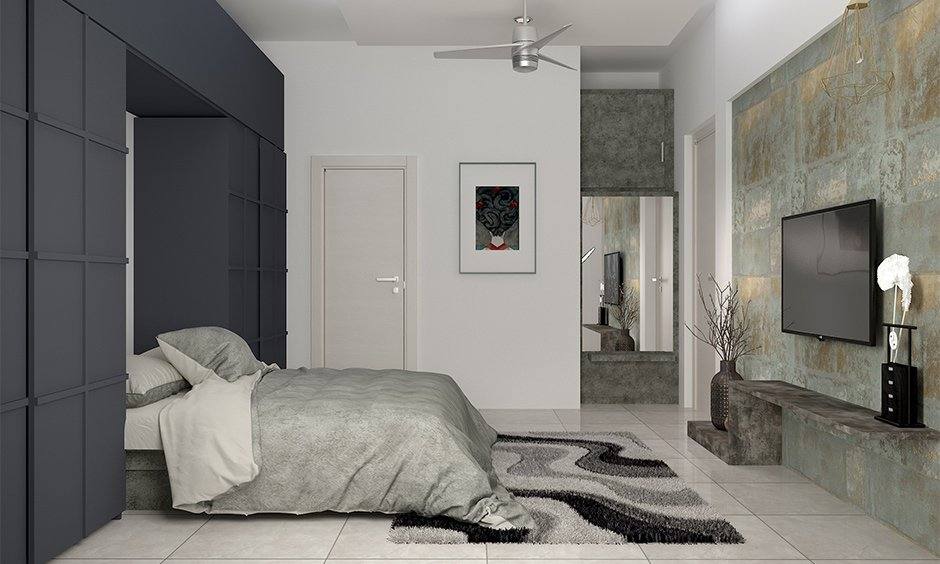 A bedroom with grey and white walls and white floor and tv on the wall