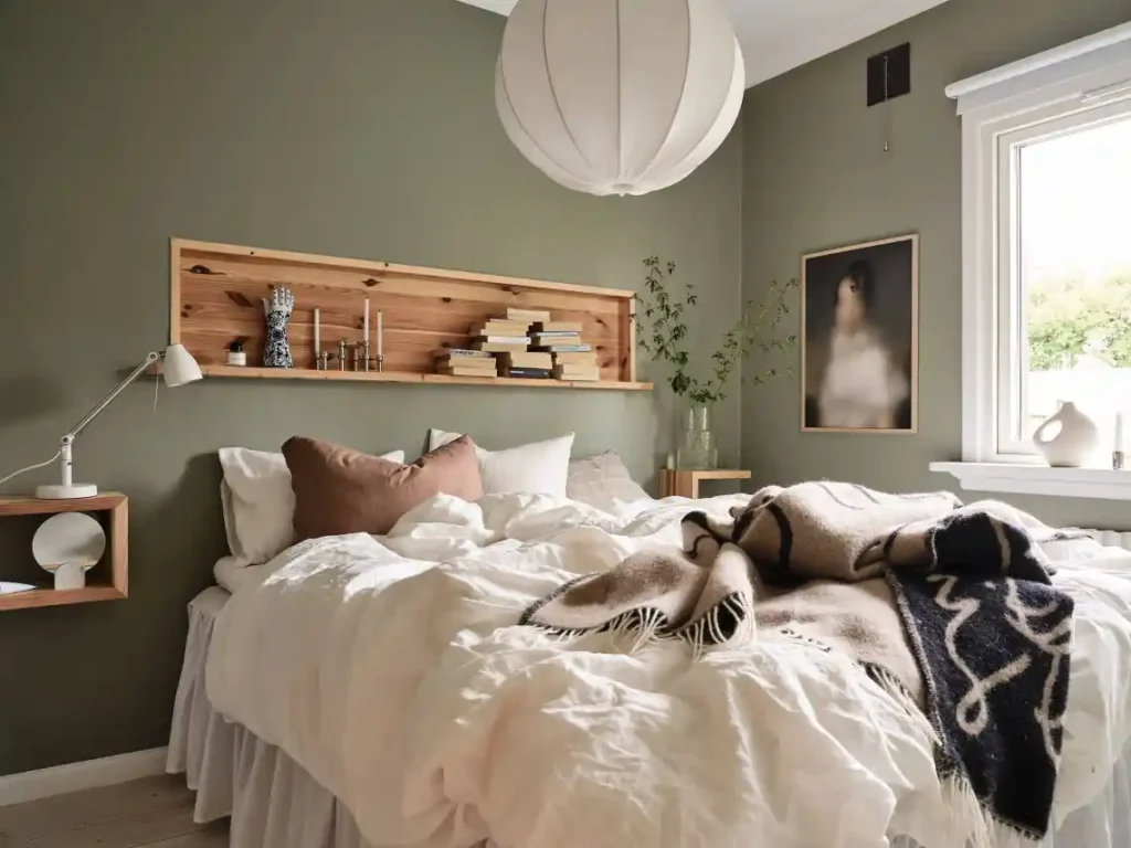 A sage green bedroom with wooden accents 