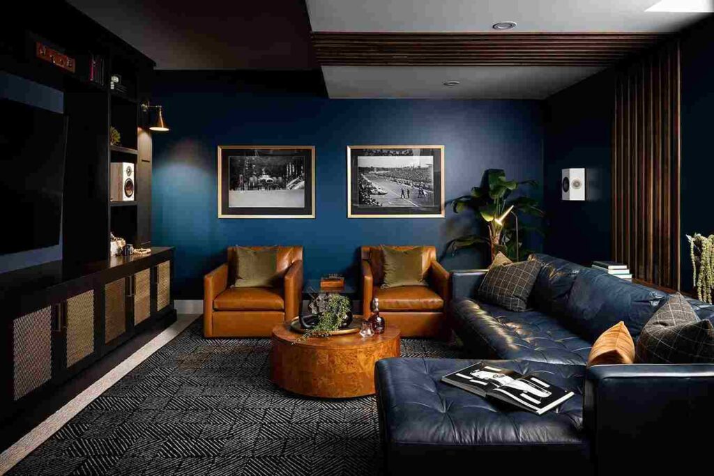 A blue living room with brown trim and sofa