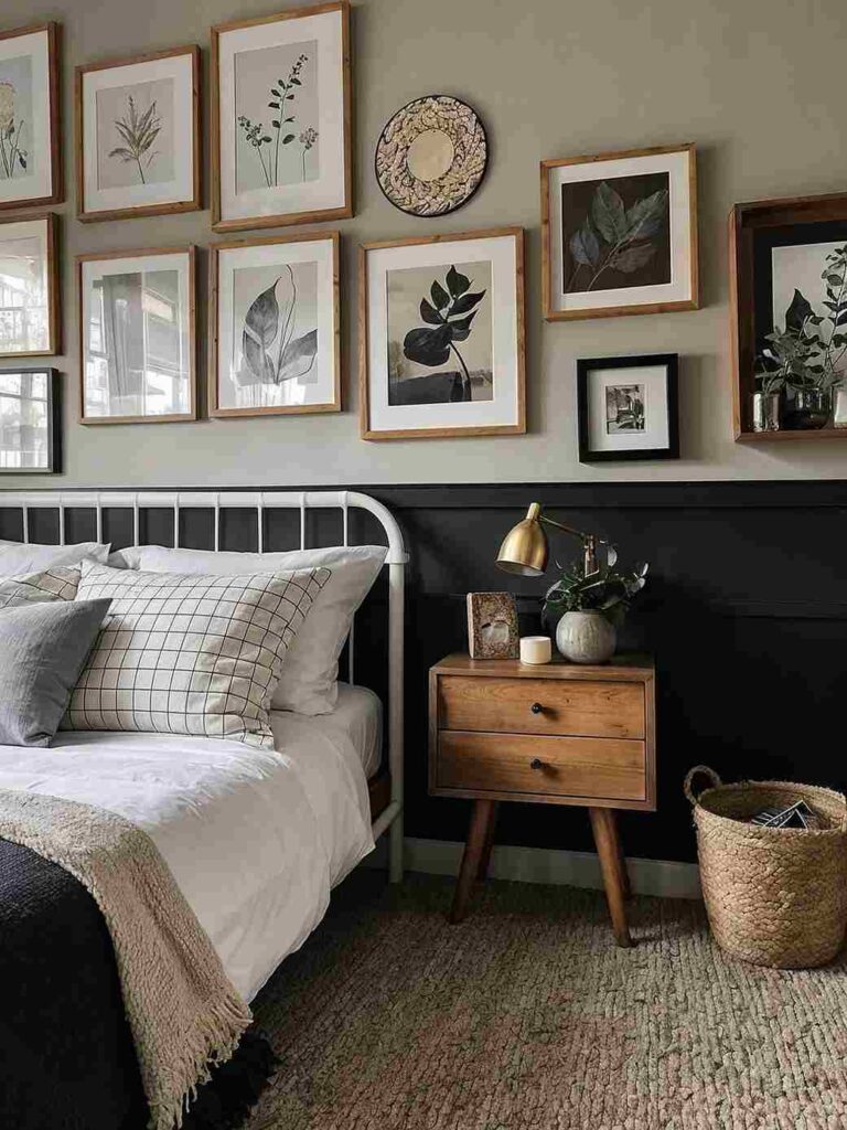 A bedroom with wall painting and wooden side table