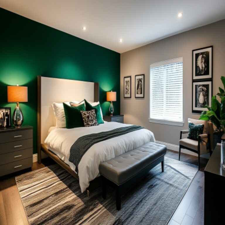 A dark grey with grey wall bedroom with bed and  lamp on the nightstand 