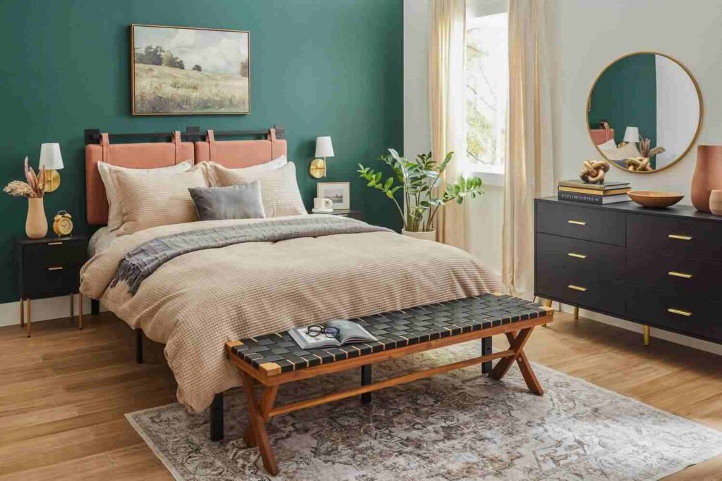 A bedroom with mirror on the wall and dresser 