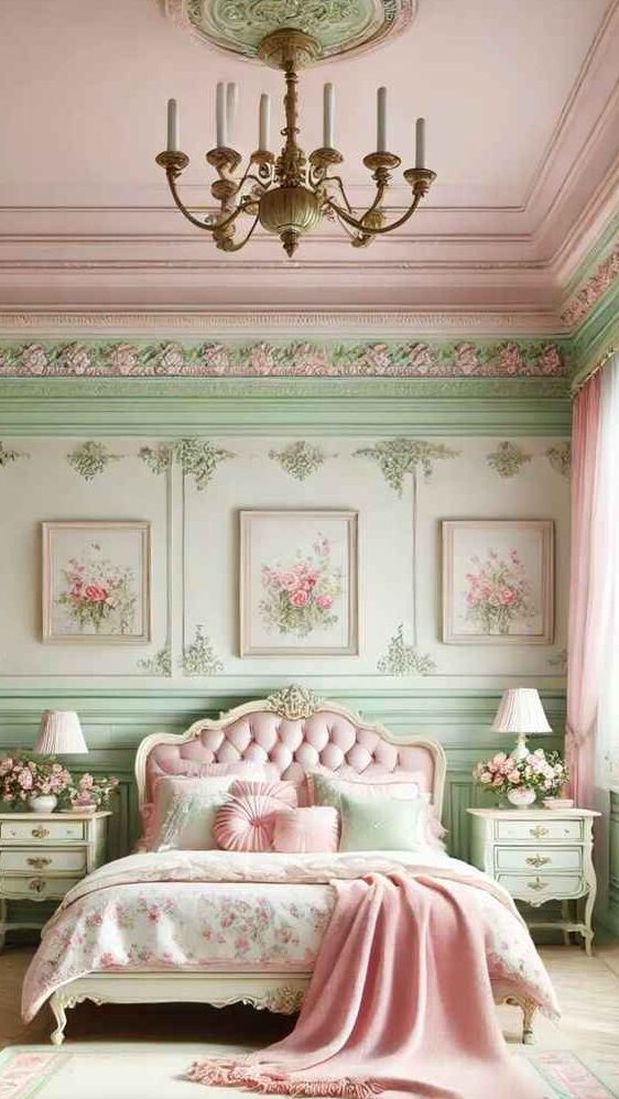 A green and pink and white accents and wooden floor and nightstand