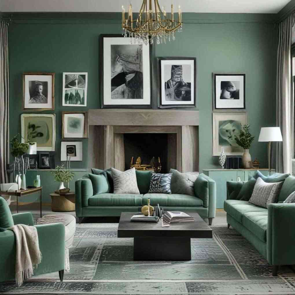 A sage green living room with crystal chandelier and green sofa with cushion