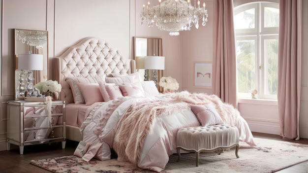 chandelier in soft pink bedroom with pink curtains windows and side table