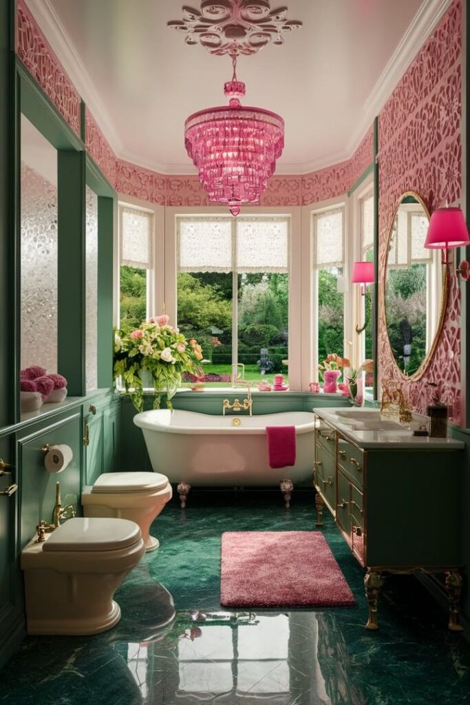 A pink and green bathroom with pink mat and white framed windows
