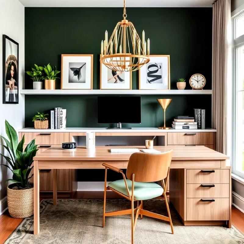 A dark green office with white frames and wooden table and chair 