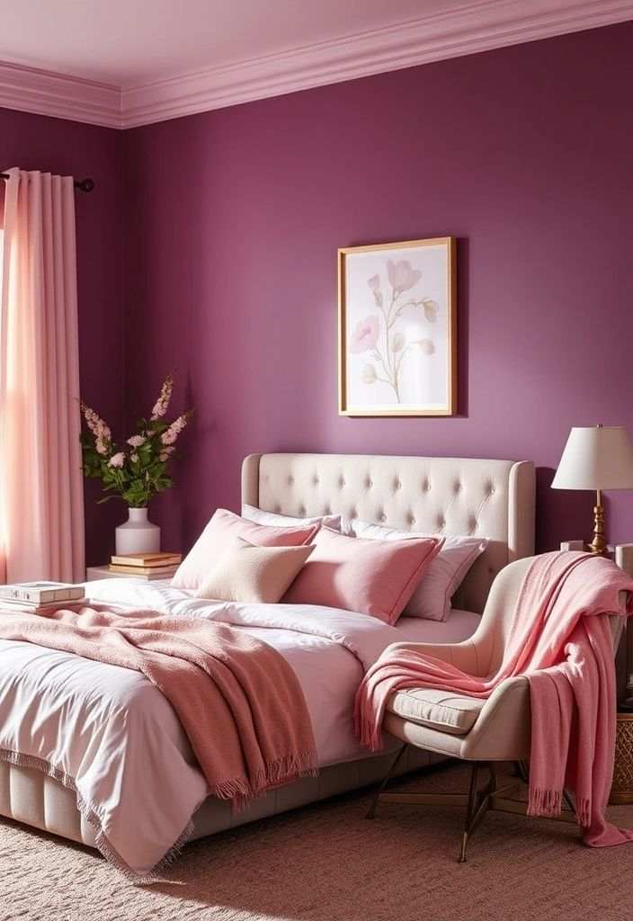 A dark pink bedroom with gold frame painting on wall