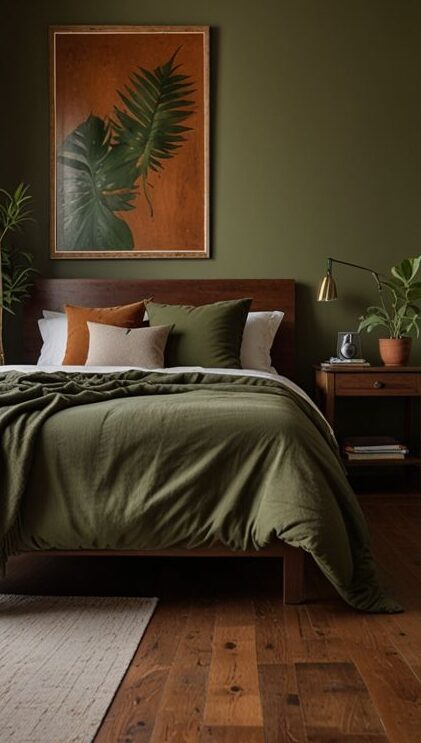 A wooden floor on olive green bedroom